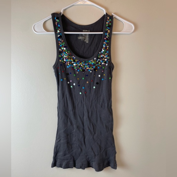 Grey Old Navy Ribbed Tank Top With Half Bib of Multicolour Sequins, Size S - Picture 1 of 5